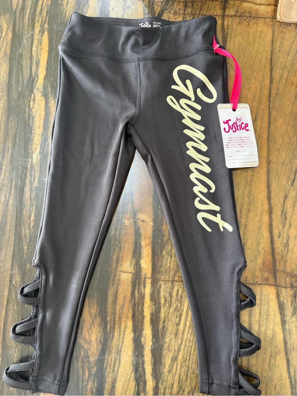 Justice girls Black Leggings with Pale Gold 'Gymnast' Script and Side detail